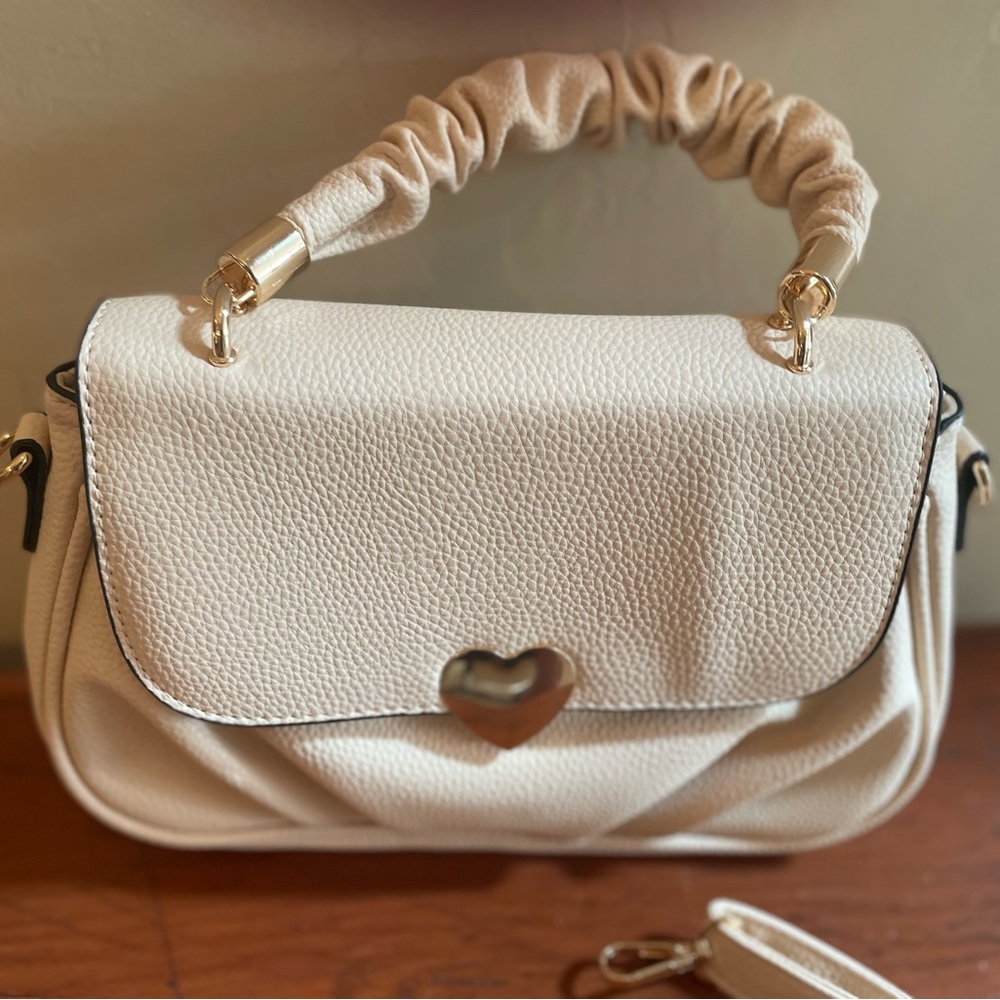 Cream Vegan Leather Crossbody Bag with Heart Detail